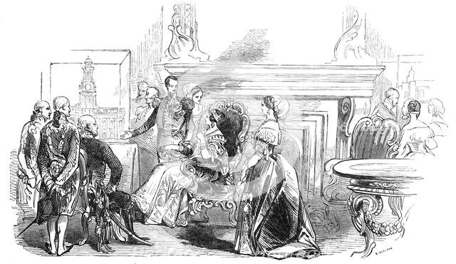 The Queen's Drawing Room - Her Majesty inspecting Mr. Tite's models of the Royal Exchange, 1844. Creator: Stephen Sly.