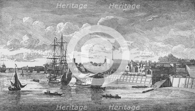 'Woolwich Dockyard from the Thames', c1750, (1912). Artists: Unknown, John Boydell.