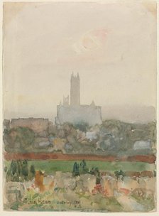 Canterbury Cathedral (recto); Hands Holding a Book (verso), 1889. Creator: Childe Hassam (American, 1859-1935).