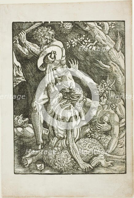 Hercules, Two Satyrs, and a Woman, plate two from The Labors of Hercules, c. 1528. Creator: Gabriel Salmon.