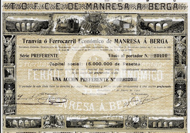 Priority share of 500 pesetas from the Tranvía o Ferrocarril Económico de Manresa a Berga, SA, Ba…