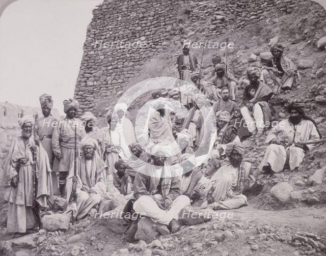 Khyber chiefs and khans with Captain Tucker, Jamrood Fort, Northwest Frontier Province, 1878. Creator: John Burke.