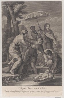 Three women pulling in the basket with the infant Moses from the water, ca. 1729. Creator: Simon Vallee.