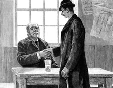 He found Dawson...smoking a pipe, and drinking hot brandy-and-water, 1883. Creator: R. Taylor.