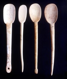 Bone spoons made by abrasion technique, from the Cova de l'Or (Beniarrés, Alicante). The longest …