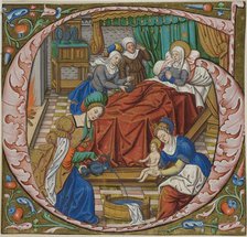 The Birth of the Virgin in a Historiated Initial "G" from an Antiphonal, c. 1500. Creator: Unknown.
