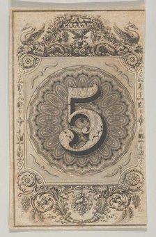 Banknote motif: the number 5 set against a scallop-edged circle of ornamental lathe..., ca. 1824-42. Creator: Durand, Perkins & Co.