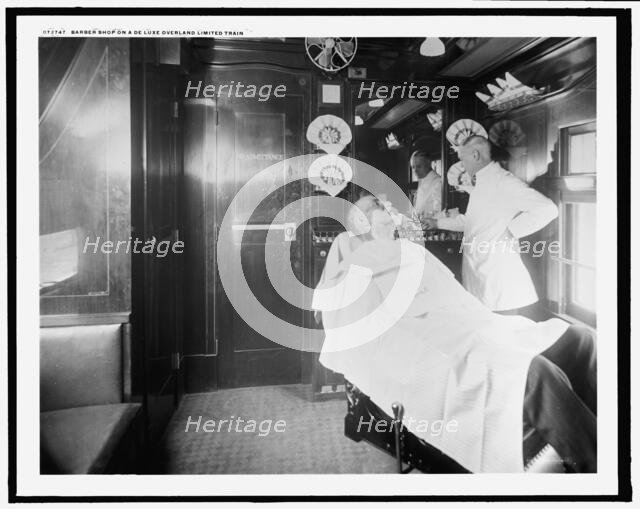 Barber shop on a deluxe overland limited train, between 1910 and 1920. Creator: Unknown.