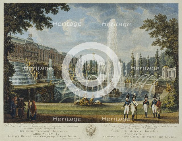 View of the Great Cascade, Samson Fountain and Great Palace at Peterhof, Early 19th cen.. Artist: Chessky (Cheskoy), Ivan Vasilievich (1782-1848)