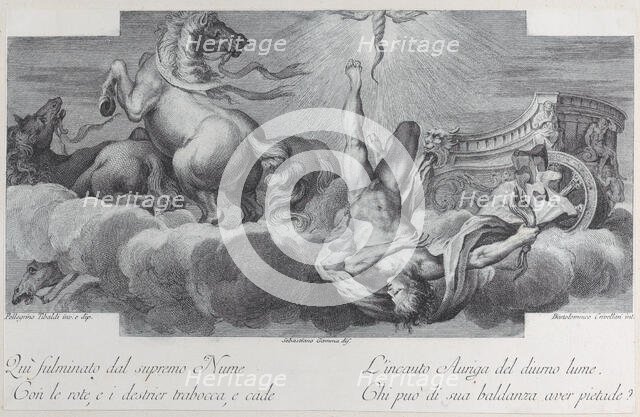 Plate 34: Auriga, the charioteer, falls from the chariot at center, with three horses at l..., 1756. Creators: Bartolomeo Crivellari, Gabriel Söderling.