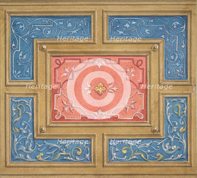 Design for a coffered ceiling with painted panels, 1840-97. Creators: Jules-Edmond-Charles Lachaise, Eugène-Pierre Gourdet.