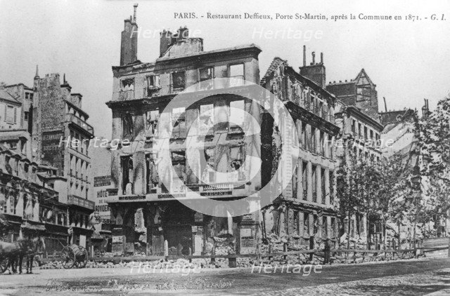 Postcard showing damage to Deffieux Restaurant, Porte St.-Martin, after the 1871 Paris Commune. Artist: Unknown