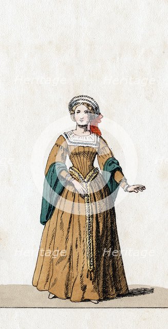 Lady-in-waiting, costume design for Shakespeare's play, Henry VIII, 19th century. Artist: Unknown