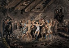 A man on horseback enters a church to discover an orgiastic sabbath. Creator: Unknown.