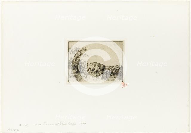 Woman Tending Two Cows, 1848. Creator: Charles Emile Jacque.