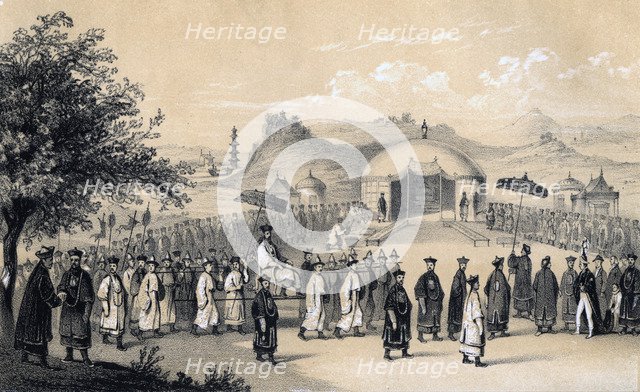 Approach of the Emperor of China, to receive the British ambassador, 1847. Artist: JW Giles