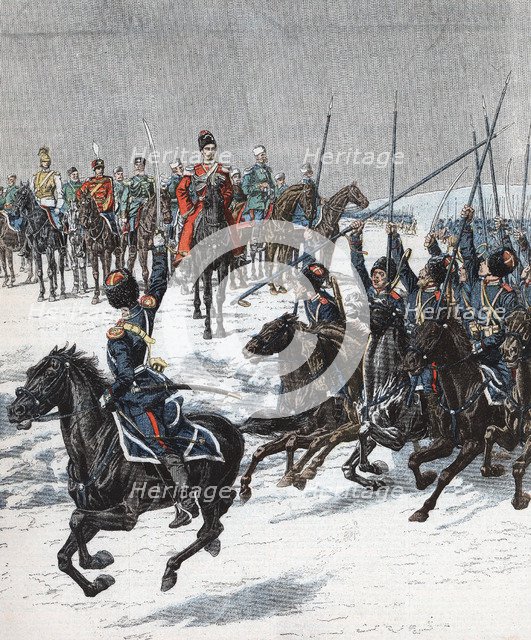 Tsar Nicholas II reviewing Cossacks, Russo-Japanese War, 1904-5. Artist: Unknown