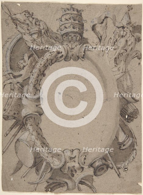 Design for Cartouche with Banners, Drums, Leaves and a Woman's Head with Tiara., 1732-1802.