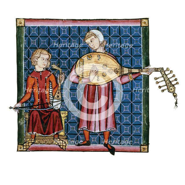 Two minstrels. Illustration from the codex of the Cantigas de Santa Maria, c. 1280. Artist: Anonymous  