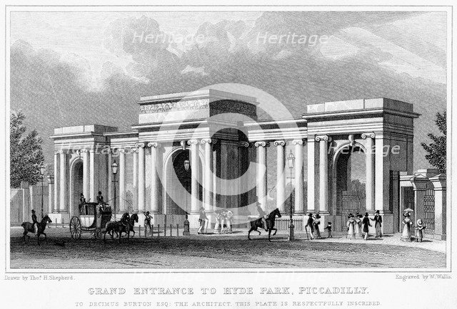 Grand entrance to Hyde Park, Piccadilly, Westminster, London, 19th century.Artist: W Wallis