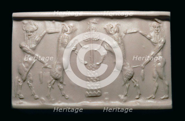 Akkadian cylinder-seal impression of a bull-man and hero. Artist: Unknown