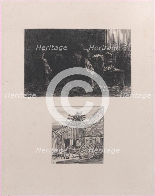 Prayer (upper); Cart in Front of a House (lower), 1845. Creator: Charles Emile Jacque.