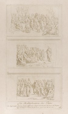 Three separate studies for the miracles of the loaves, showing Christ standing in d..., ca. 1729-40. Creator: Caylus, Anne-Claude-Philippe de.