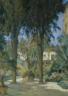 Vedute of the Embassy in Rome: Garden area with two cypresses, c1890/1900. Creator: Othmar Brioschi.
