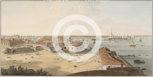 View to the Spit of Vasilyevsky Island and Peter and Paul Fortress, Between 1802 and 1805. Artist: Atkinson, John Augustus (1775-1831)