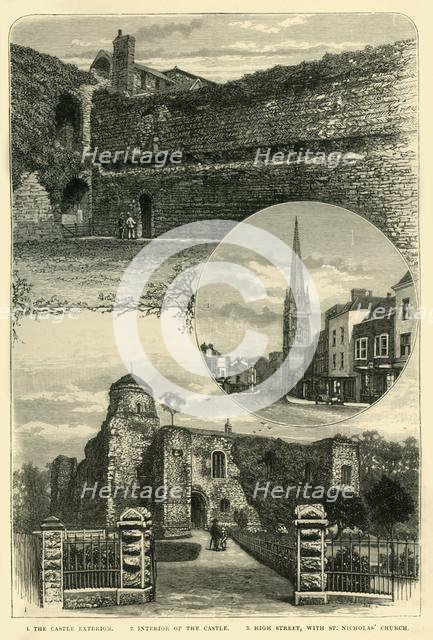 '1. The Castle Exterior. 2. Interior of the Castle. 3. High Street, with St. Nicholas' Church', 1898 Creator: Unknown.