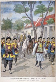 A foreigner under the guard of regular Chinese army, China, 1900.  Artist: Oswaldo Tofani