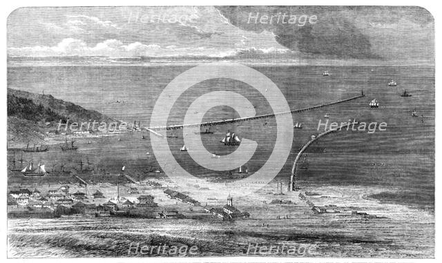 Birdseye view of the Sulina mouth of the Danube, showing the works of improvement lately..., 1861. Creator: Unknown.