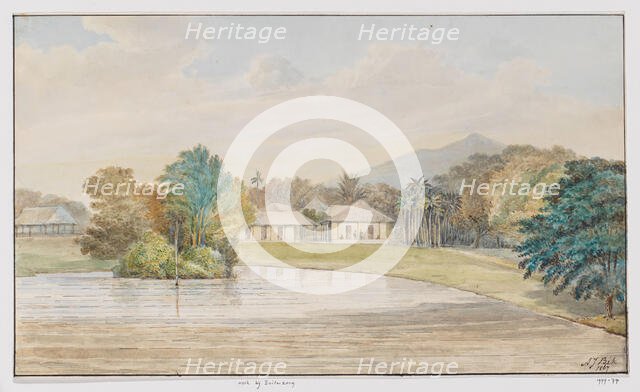 Landscape with house and pond, West Java, 1867. Creator: Adrianus Johannes Bik.