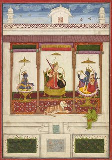 Devi with Krishna and Vishnu in a Palace, ca. 1645-1655. Creator: Unknown.