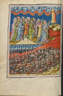 The Crossing of the Red Sea; The Egyptians Engulfed; Weltchronik, about 1400-1410. Creator: Unknown.