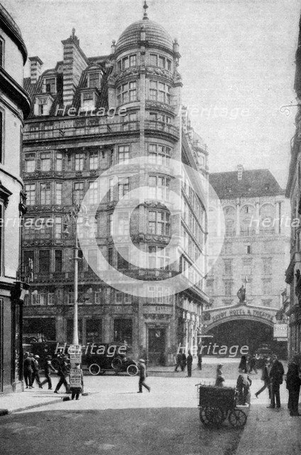 Savoy Hotel and Theatre across the Strand from Norfolk Street, London, c1930s. Artist: Unknown