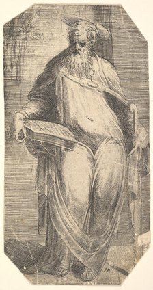 Saint Simon standing, supporting a book on his right thigh, from 'Christ and the Ap..., ca. 1548-50. Creator: Andrea Schiavone.