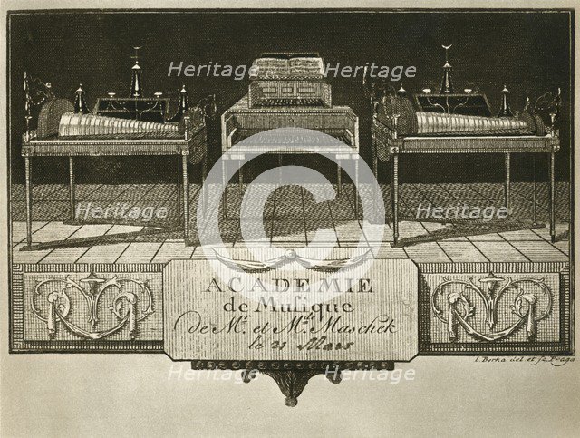 'Glass harmonicas and keyboard chimes; engraving from the first half of the nineteenth century, on a Artist: Unknown.