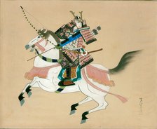 Samurai Warrior riding a horse. A Japanese painting on silk, in a traditional Japanese style. Artist: Unknown