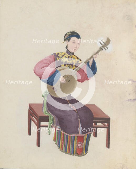 Watercolour of musician playing ruan(?), late 18th century. Creator: Unknown.