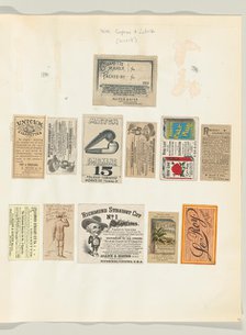 Album page with twelve tobacco coupons and labels, ca. 1888. Creator: Unknown.
