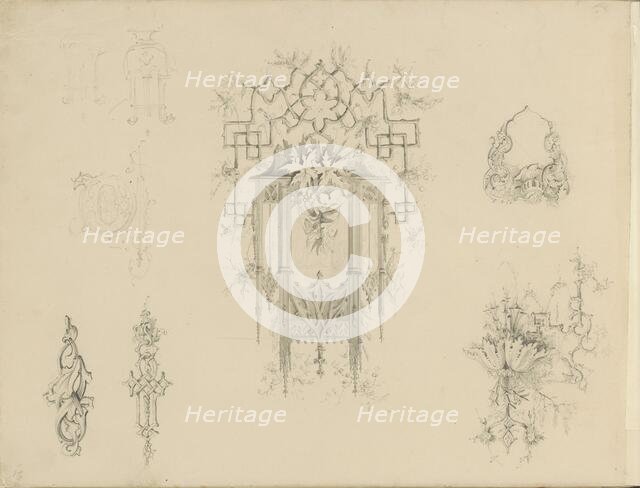 Study sheet with gothic architecture, ornaments and cartouche, c.1850. Creator: Petrus Josephus Hubertus Cuypers.