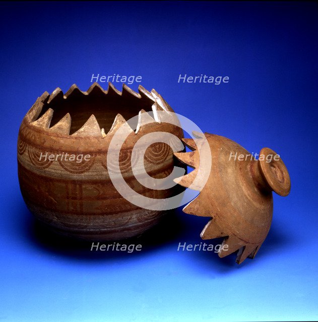 Gear-shaped urn, Iberian pottery with geometrical decoration, from the tomb 37 of the necropolis …