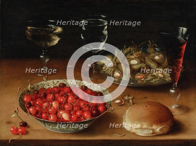 Still Life with Cherries in a Wanli Porcelain Bowl, Hazelnuts and Three Venetian Wine Glasses,1605-9 Creator: Beert, Osias, the Elder (ca. 1580-1624).