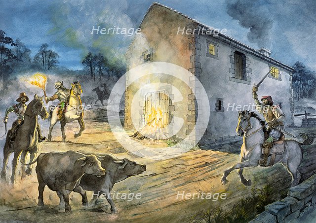 Reivers raiding Birdoswald, 16th century, (c1990-2010). Artist: Philip Corke.