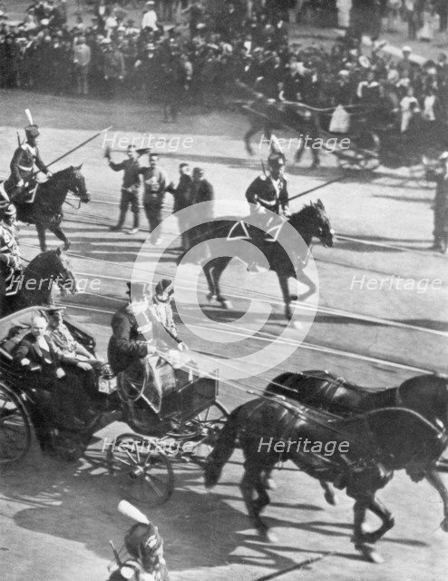Tsar Nicholas II with visiting French President Poincare, St Petersburg, Russia, 21 July 1914. Creator: Unknown.