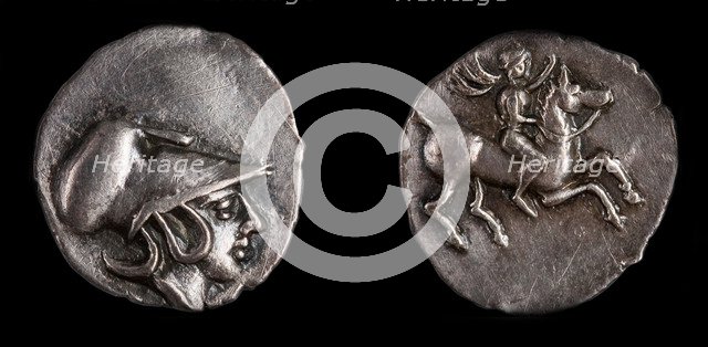 Emporiae coin. Obverse: Head of Athena with Corinthian helmet, 4th century BC. Artist: Numismatic, Ancient Coins  