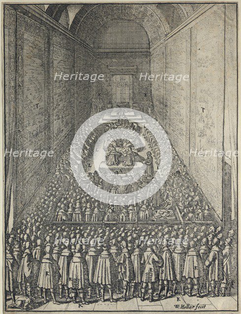 Interior of the House of Lords in session, Palace of Westminster, London, c1650. Artist: Wenceslaus Hollar.