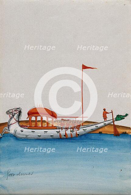 Four men row a long boat with a domed canopy, shaped as two horses in..., (between 1800 and 1899?). Creator: Unknown.