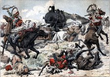 Passengers train, attacked by a tribe of Red Indians in Arizona, drawing published in the Petit J…